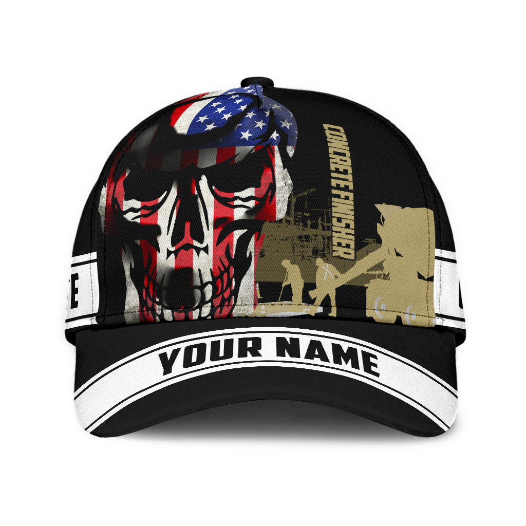 Custom Name A Concrete Finisher American Flag Skull Baseball Cap, Concreter Classic Cap Hat 3D Full Print