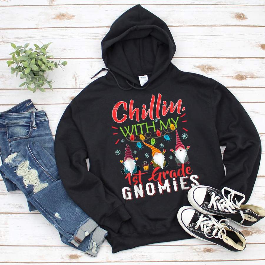 Christmas chillin with my 1st grade cute gnomies gift light snow black hoodie for men and women S-5XL