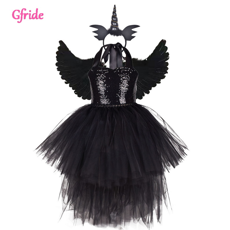 Black Sequins Tail Witch Costumes Summer Princess Girls Party Dress Headband Wings Children’s Day Gifts Kids Cosplay Clothing alx