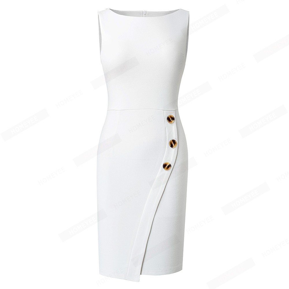 Women Brief Elegant Sleeveless O Neck Office Business Straight Mini Dress with Buttons EB705 alx