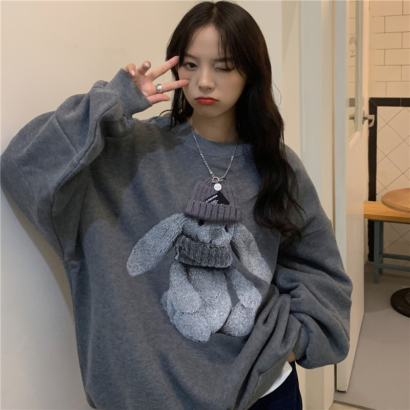 2022 Oversize Cute Bear Print Sweatshirt Plus Velvet Lined Kawaii Women Top Clothes Hoody Fall Sping New Oversized Hoodie Y2k alx