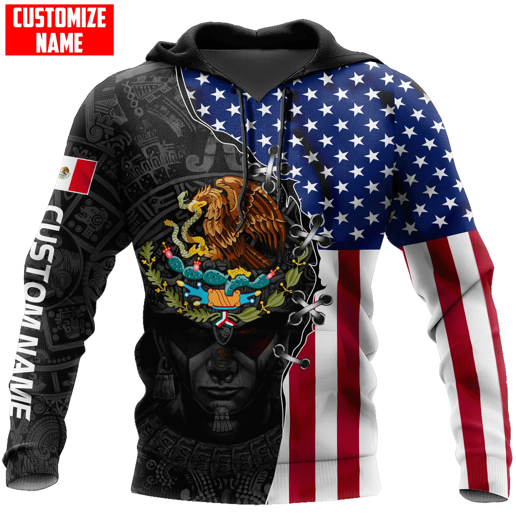 Customized Aztec Hoodie Mexico American Flag Pattern, Mexican American Hoodie