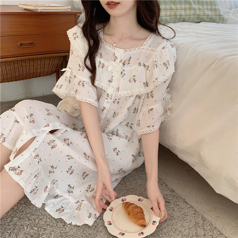 Women Summer Nightgown Out Wear Homewear Dress Short Sleeve Loose Single Breasted Floral Print Cute Nightdress Bow Tie D422 alx