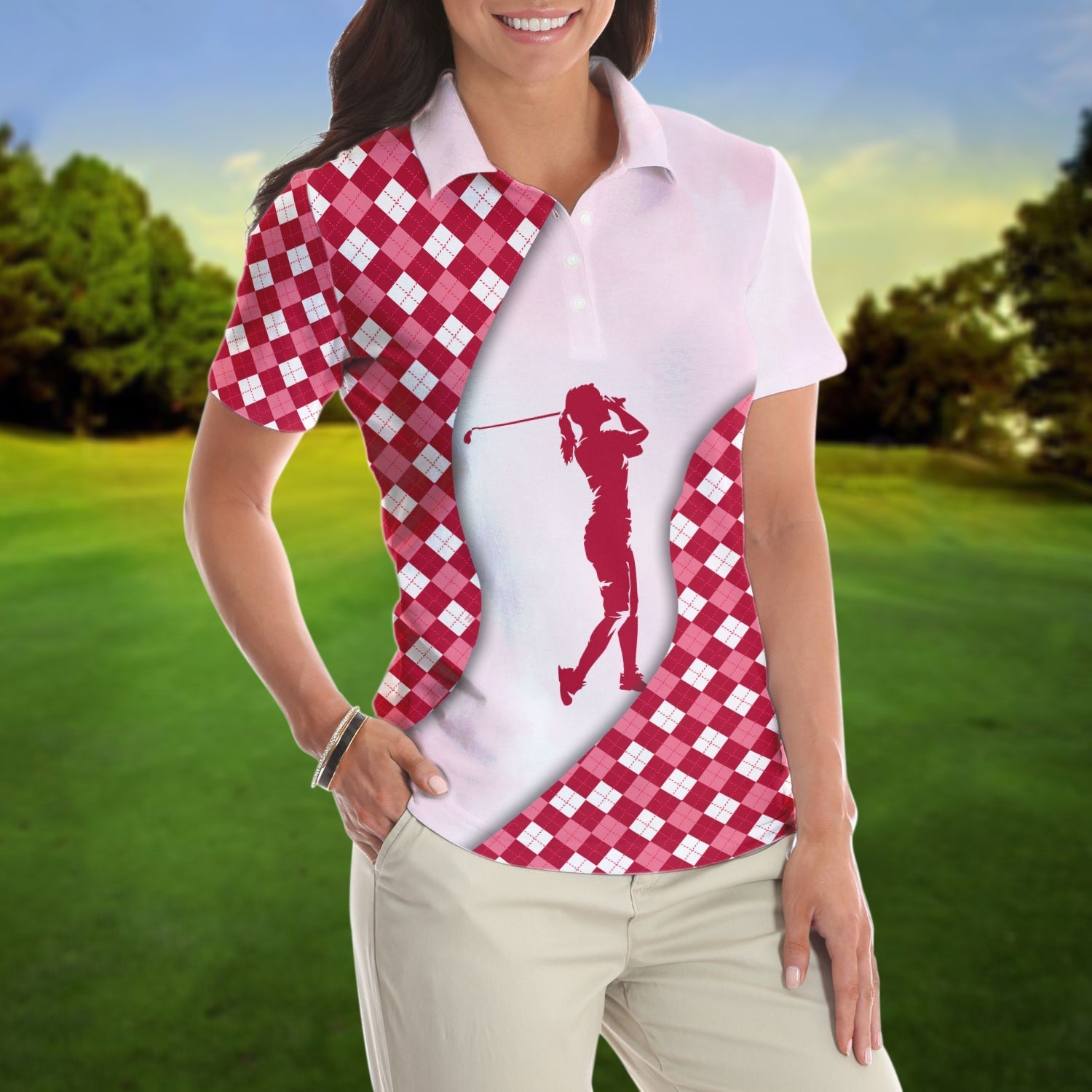 Golf And Wine Kind Of Girl Short Sleeve Women Polo Shirt, Pink Diamond Pattern Shirt For Golf Ladies Coolspod