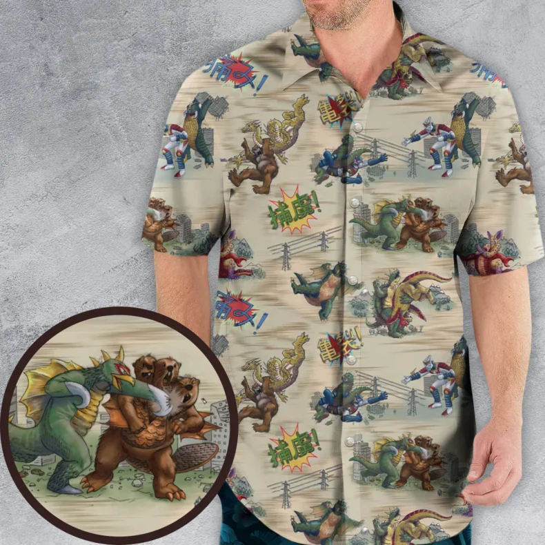 Showa Era Monsters Kaiju Battles Hawaiian Shirt