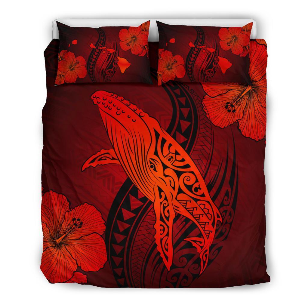 Hawaiian Map Whale Swim Hibiscus Polynesian Bedding Set – Red