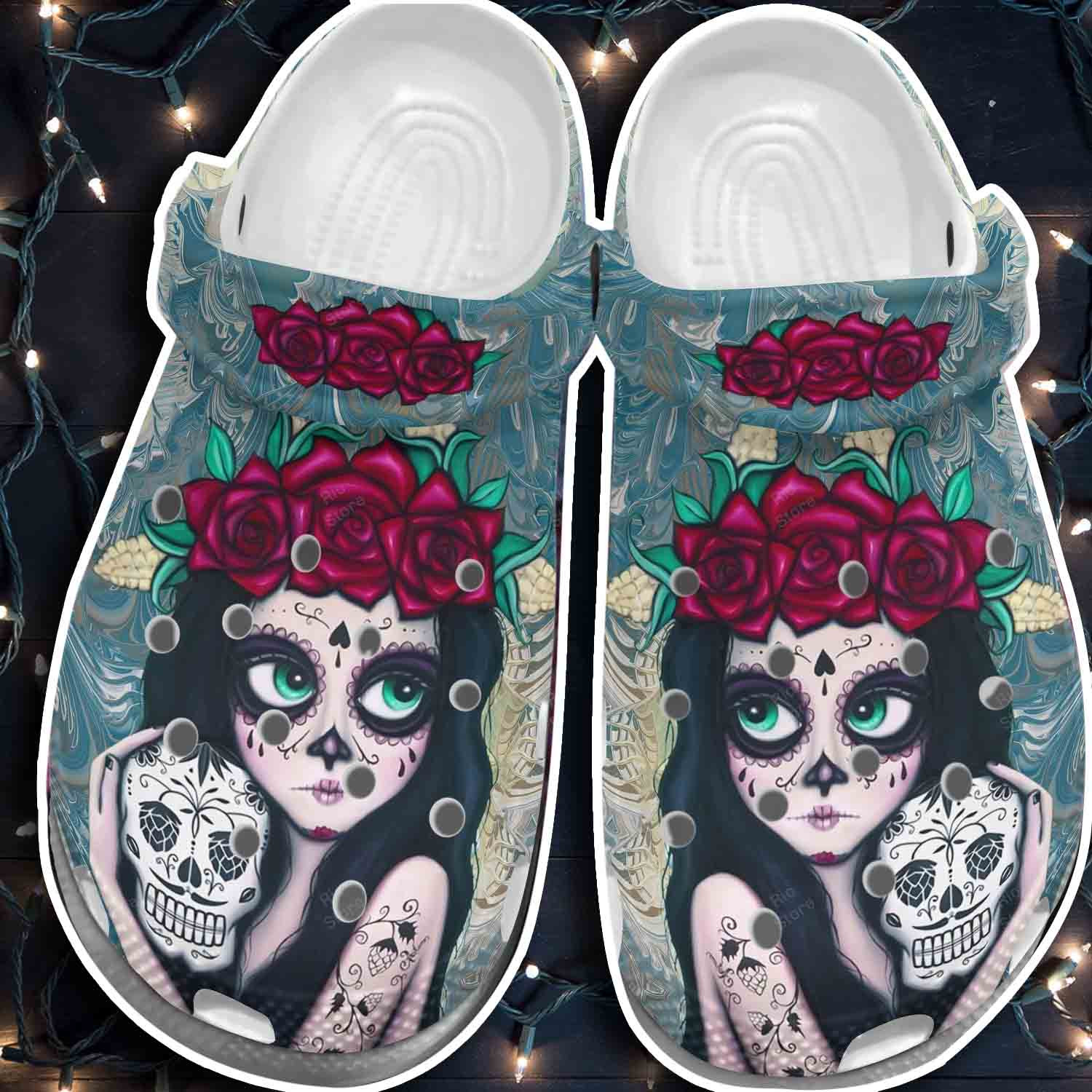 Beautiful Girl Flower Sugar Skull Mexican Crocs Shoes Clog Gifts For Women Girl Daughter