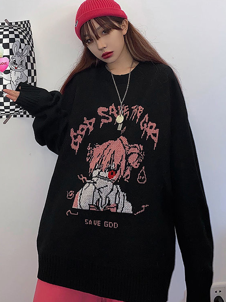 Woherb Black Sweater Women Harajuku Cartoon Girl Print Knitted Pullover 2022 Y2k Fashion Pull Femme Punk Korean Ulzzang Jumper alx