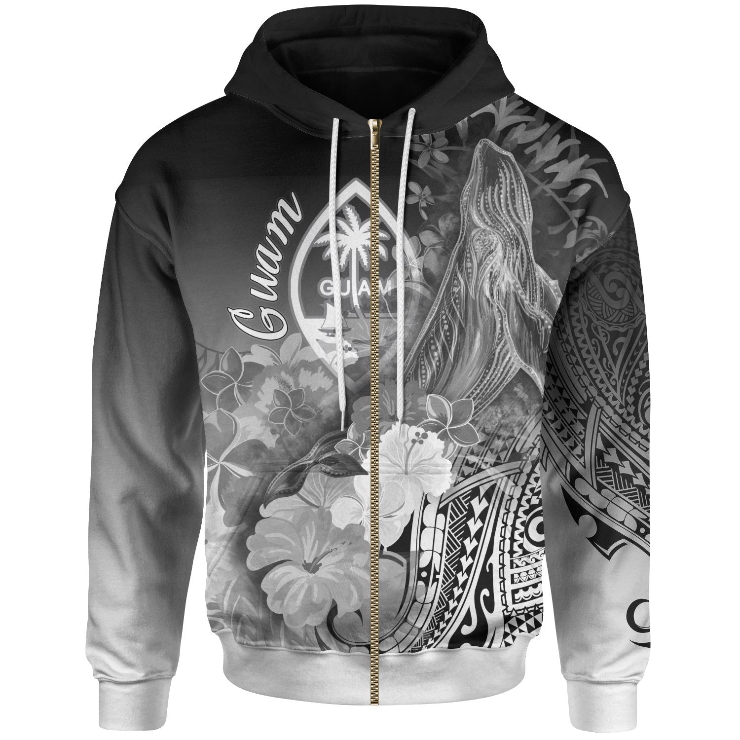 Guam Zip-Up Hoodie – Humpback Whale With Tropical Flowers (White)