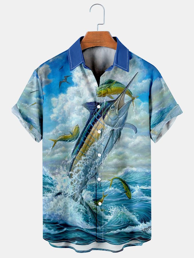 Holiday Beach Casual Hawaii Shirts Fishing Ocean Fish Wrinkle Free Plus Size Tops Ha45549