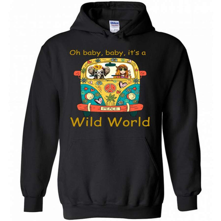 Oh Baby Baby It’s A Wild World, Hippie Car Girl, Peace Sign, Elephant Design – Gildan Heavy Blend Hoodie