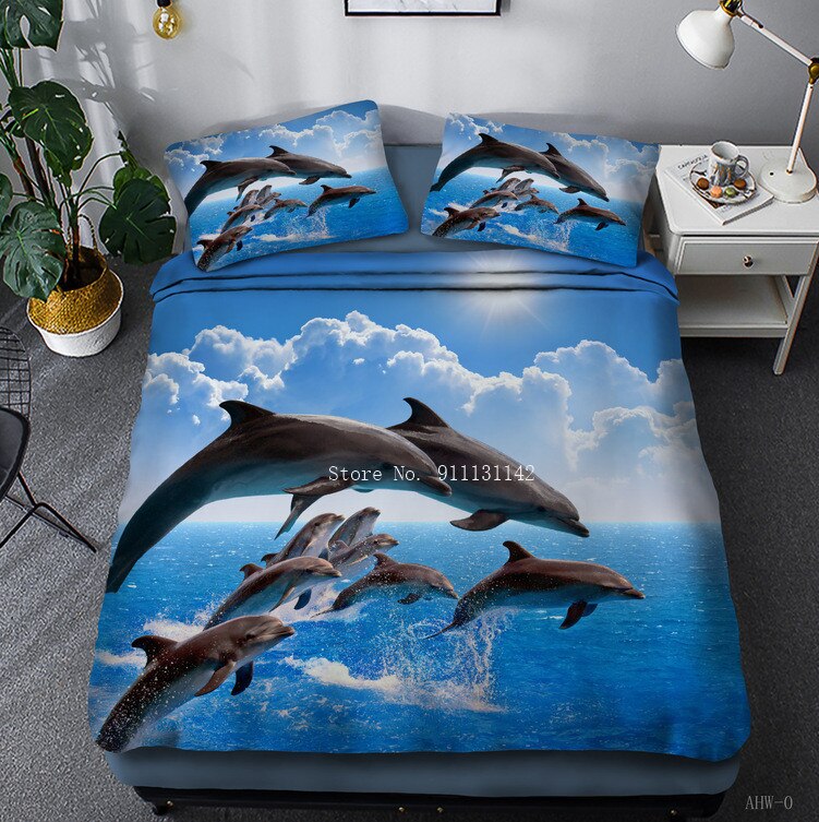 Cute Sea Life Print Bedding Set 3D Jumping Dolphin Pattern Pillowcase Cover Bedding Full Size Duvet Covers