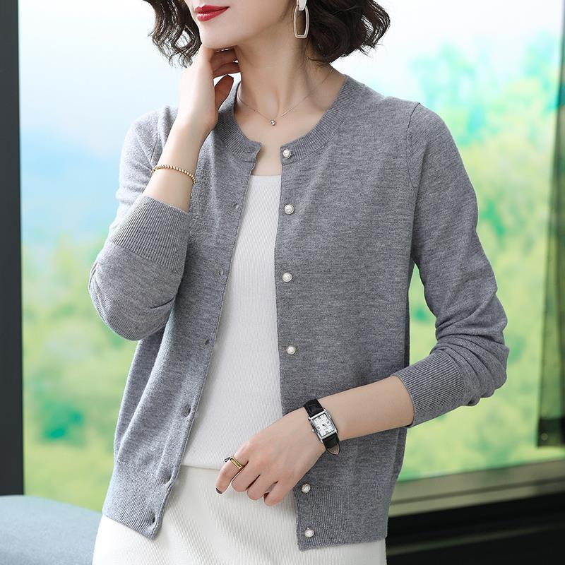 Black Cardigan Crop Sweater Cardigans Women Solid Elegant Long Sleeve O-neck Slim Single Breasted Casual Allmatch Jacke alx