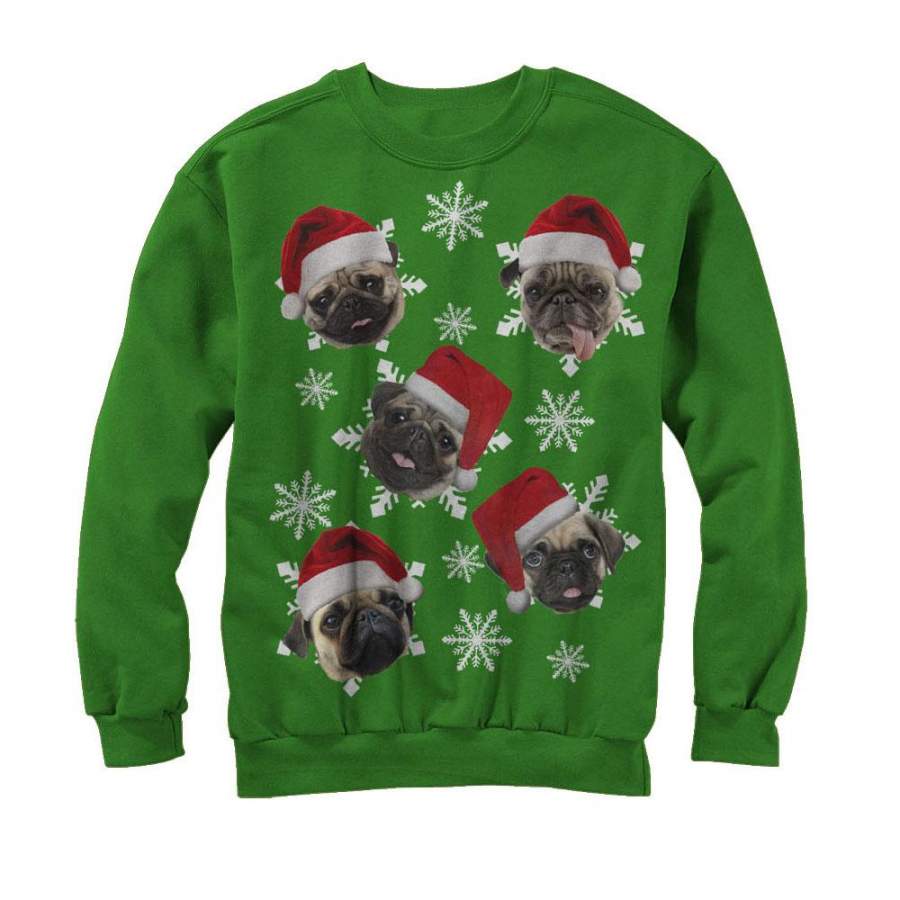 Lost Gods Men’s Ugly Christmas Pug Snowflakes  Sweatshirt Kelly Green