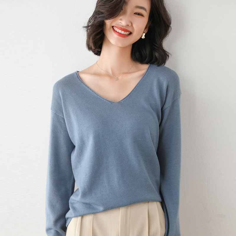 2022 Spring Autumn Womens Sweater Solid Knitwear Korean Loose Female Basic Casual Jumpers Stretch Pullover Sky Blue Pink Sweater alx