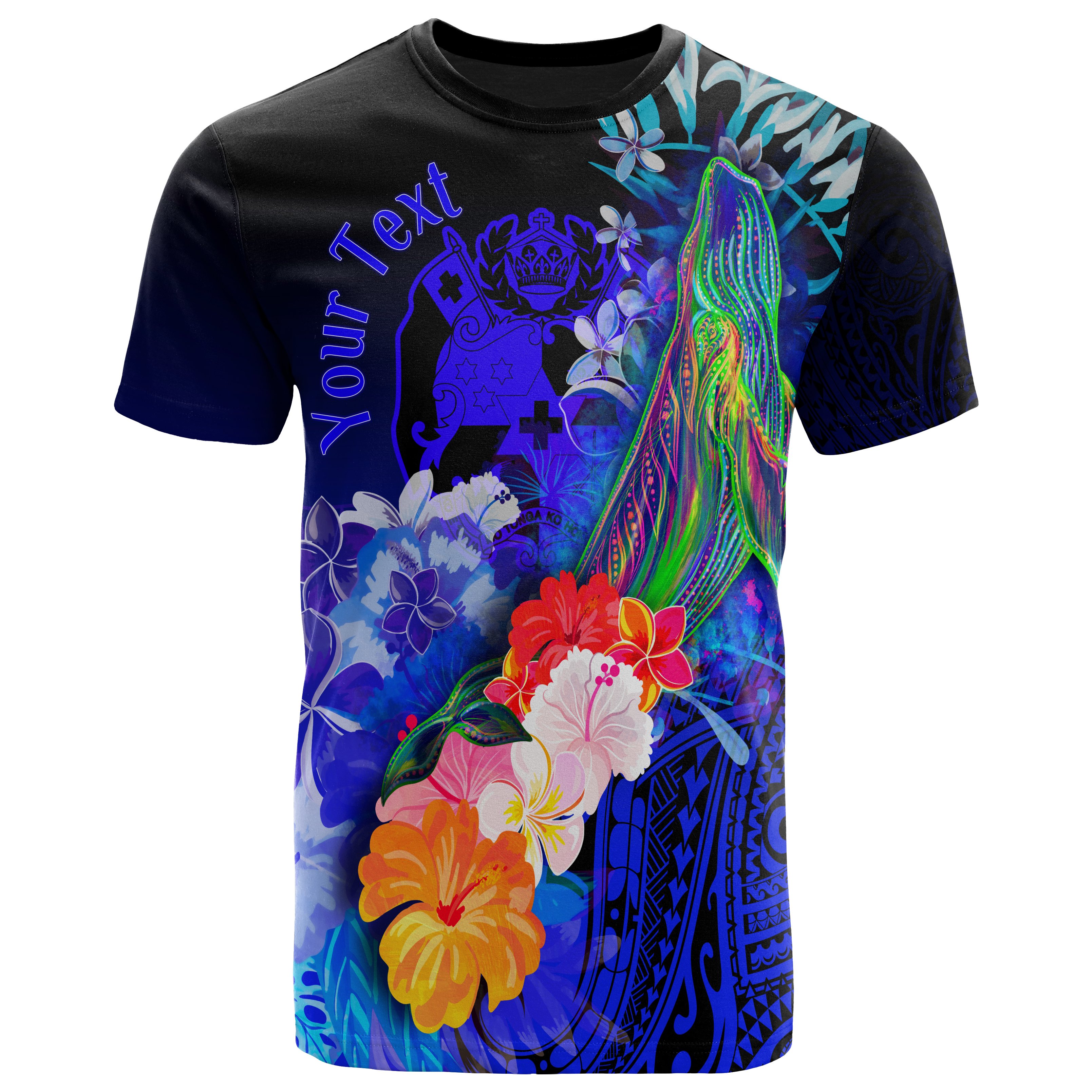 Tonga Custom Personalised T-Shirts – Humpback Whale with Tropical Flowers (Blue)- BN18