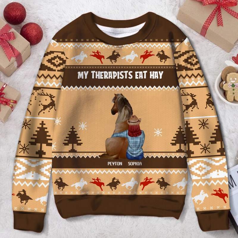 Horse My Therapist Eats Hay, Personalized Custom Horse Ugly Christmas Sweater, Gift For Horse Lovers