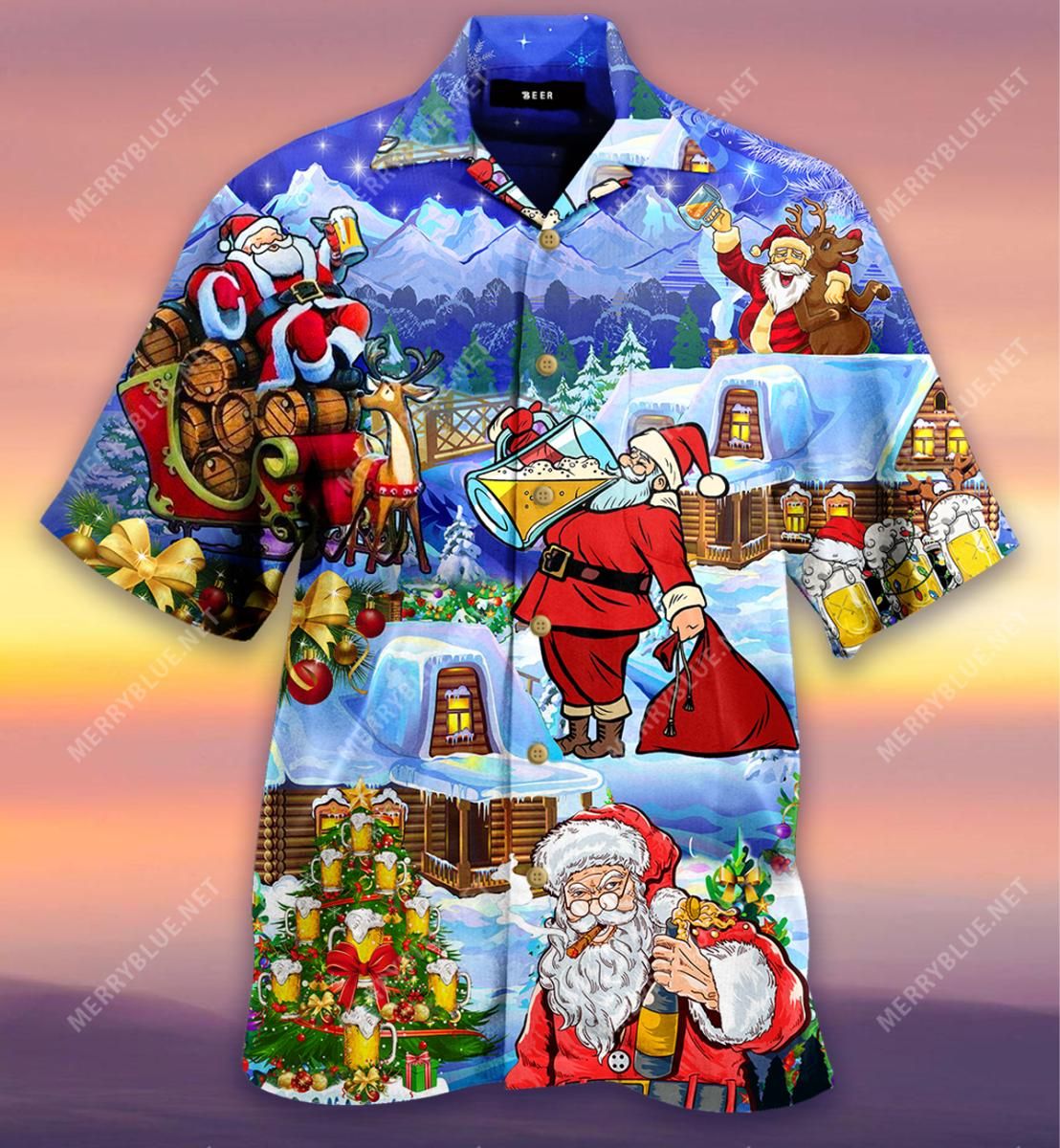 Beery Christmas Santa Claus Drinks Beer Aloha Hawaiian Shirt Colorful Short Sleeve Summer Beach Casual Shirt For Men And Women