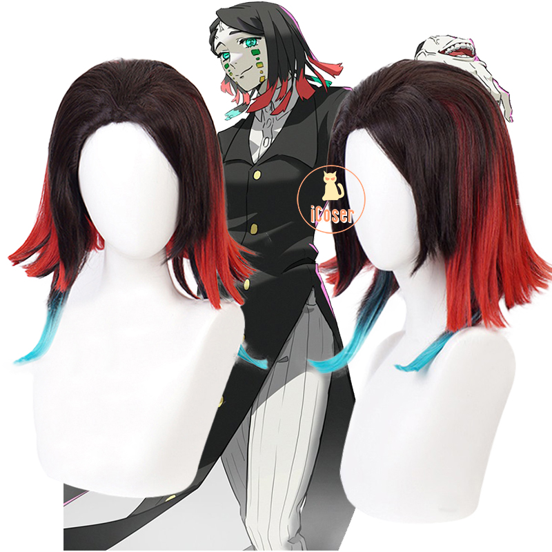 Anime Kimetsu no Yaiba Enmu Cosplay Costume Demon Slayer Enmu Black mix Red Green Wig Party Uniform Set Halloween Black Outfit alx