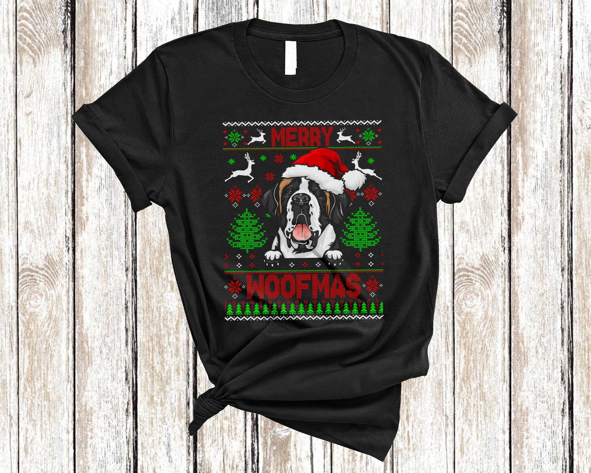 Christmas Dog Shirt Merry Woofmas Funny Ugly Christmas Santa Saint Bernard Dog Sweater Gifts T-Shirt