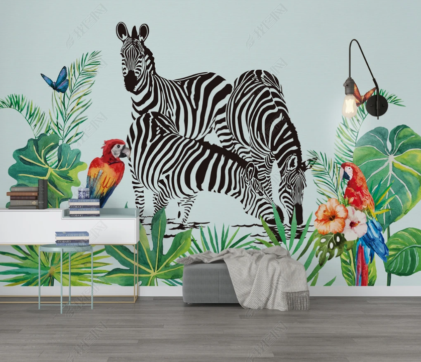 3D Tropical Green Leaf Floral Animal Zebra Wall Mural Wallpaper Lqh 460