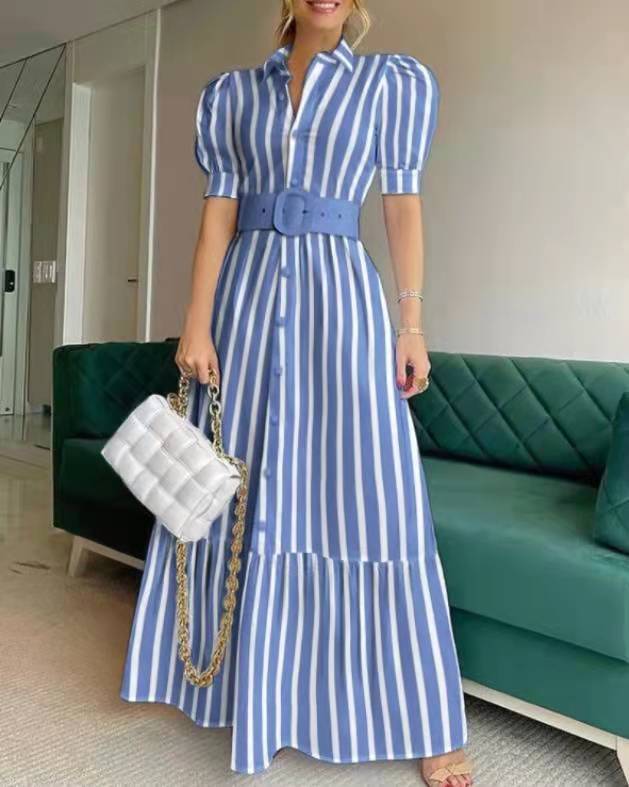 2022 Spring and Summer New Women’s Casual Striped Long Belted Shirt Dress alx