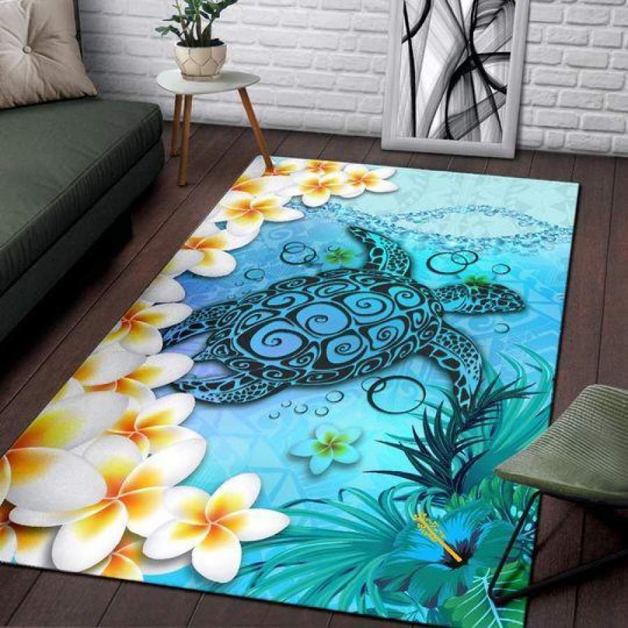 POLYNESIAN TURTLE AREA RUG, PLUMERIA WITH HIBISCUS