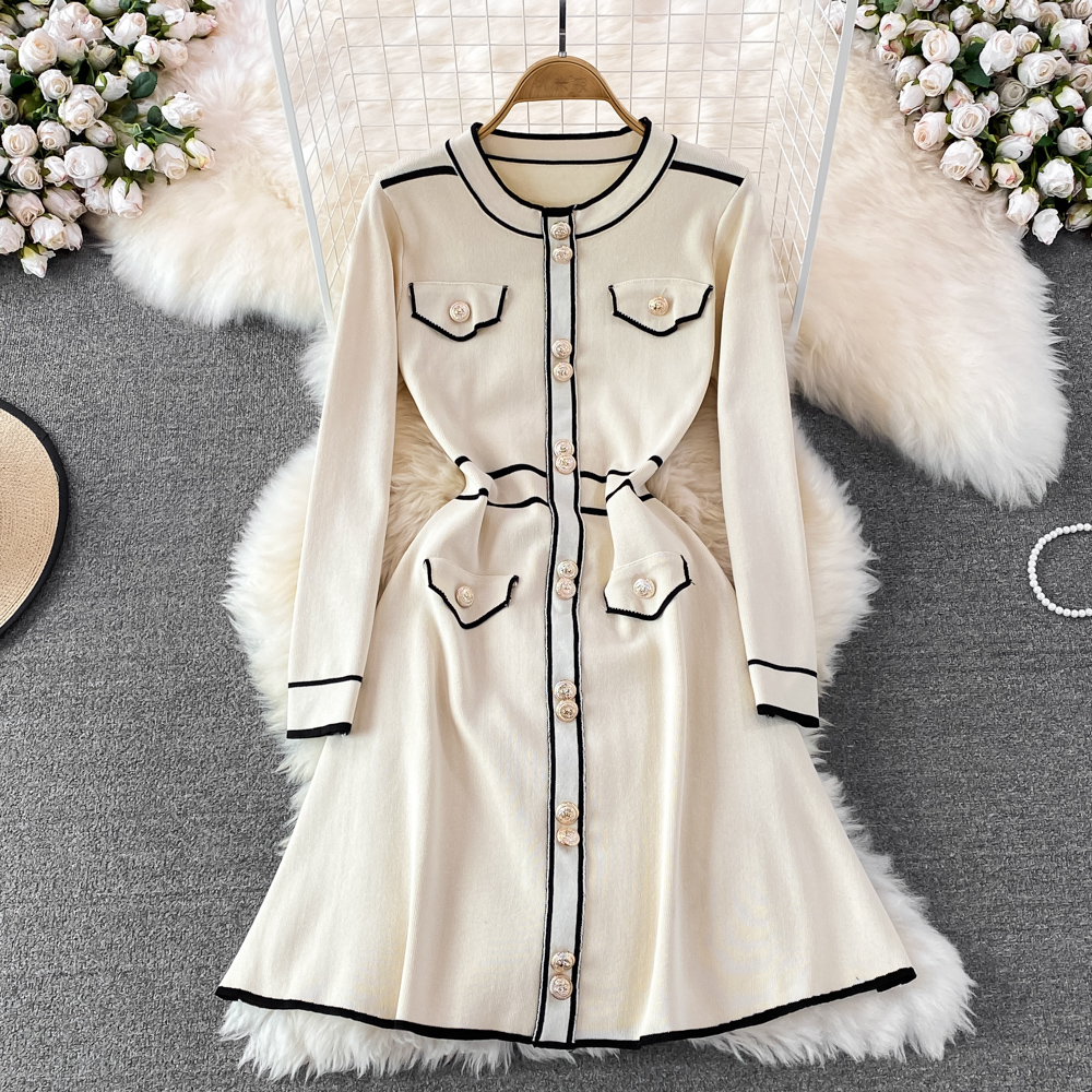 2022 Autumn Winter Knit Dress Women O Neck Long Sleeve Knitting A-line Midi Dress Korean Style Elegant Casual Women’s Dresses alx