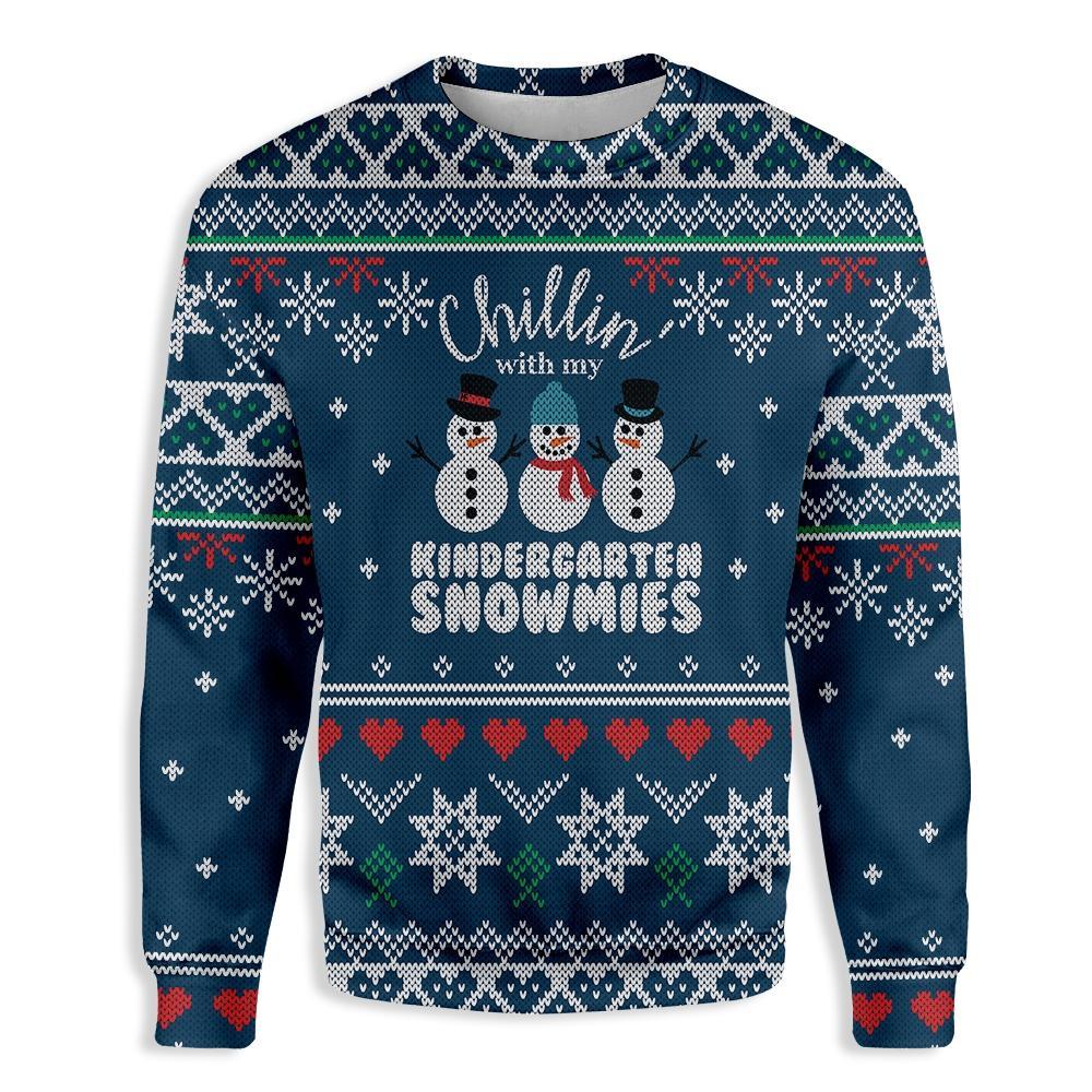 Chillin’ With My Kindergarten Snowmies Teacher Christmas Ugly Sweater | Unisex | Full Size | Adult | Colorful | US3163