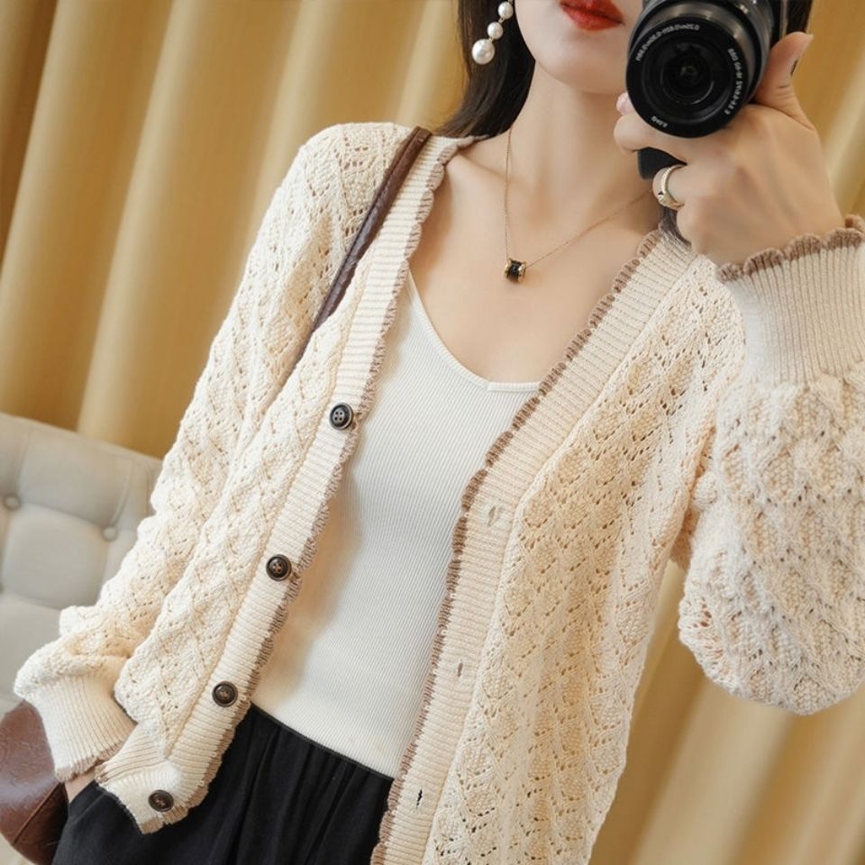 Spring Autumn Thin Hollow Out Sweaters Coat Knitted Button Cardigans Long Sleeve V-Neck Loose Fashion Woman Solid Casual Jumpers alx