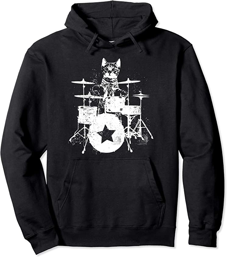 Punk Rockstar Kitten Kitty Cat Drummer Playing Drums Graphic Pullover Hoodie