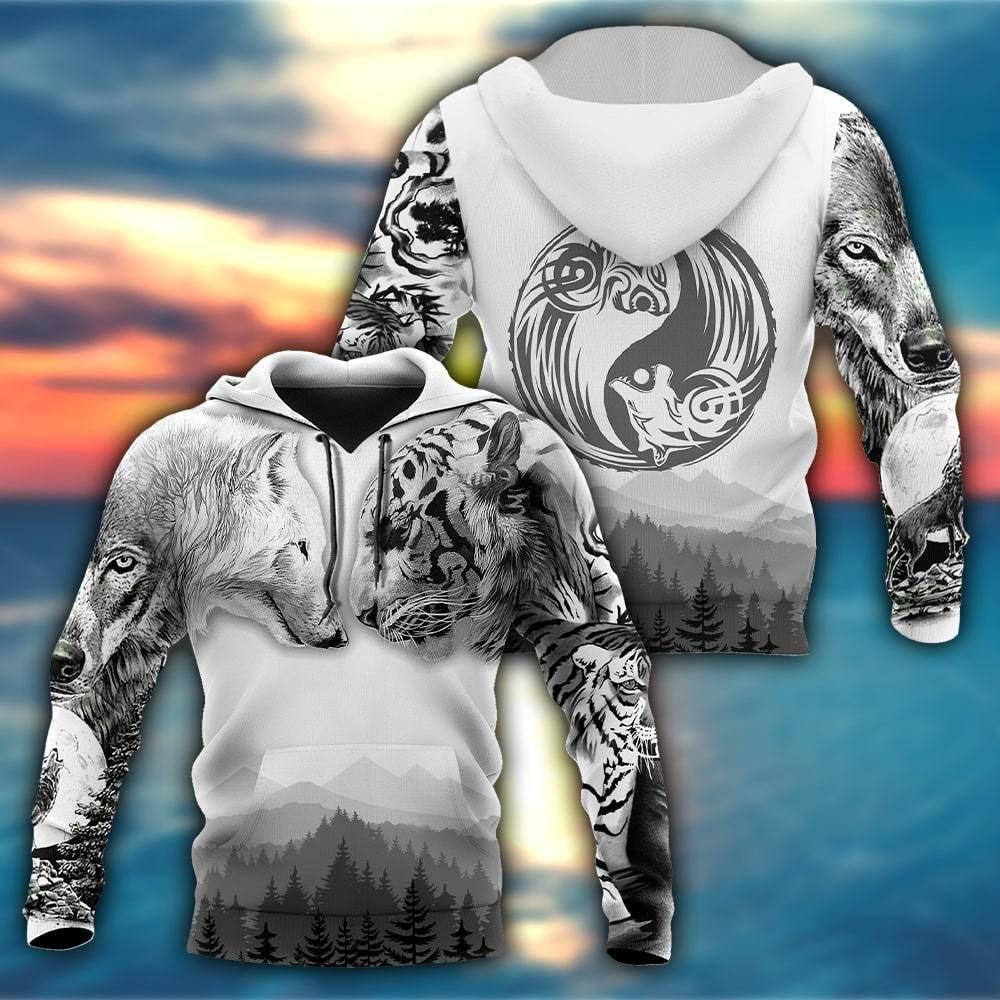 Wolf And Tiger Black White Cool 3D Printed Sublimation Hoodie Hooded Sweatshirt Comfy Soft And Warm For Men Women S to 5XL CTC150115