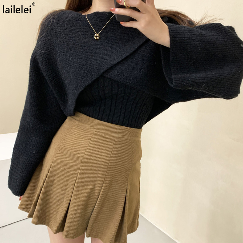 Two piece knitted sweater Set short pullover vest + bat sleeve sweaters cloak 2pc sets Korean style woolen ladies elegant Top alx