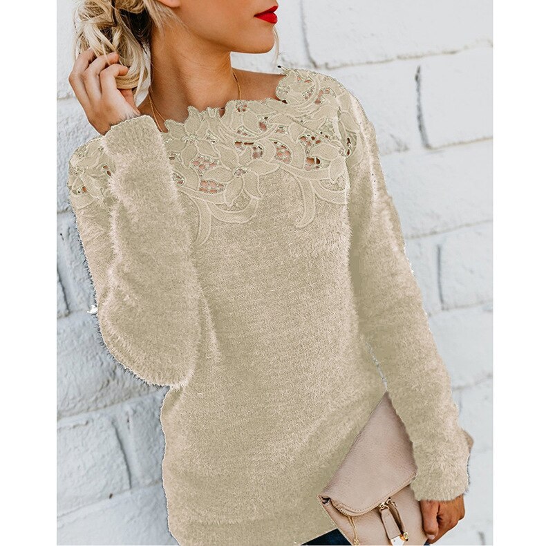 Women’s Clothing In Autumn And Winter Casual Women’s New Solid Color Splicing Lace Long Sleeve Sweater Is Comfortable alx