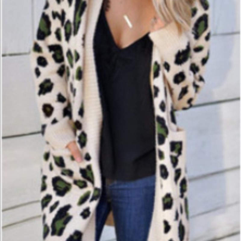 Women Fashion Leopard Pattern Loose Knitted Cardigan Sweater Vintage Lantern Sleeve Female Outerwear Chic Tops alx