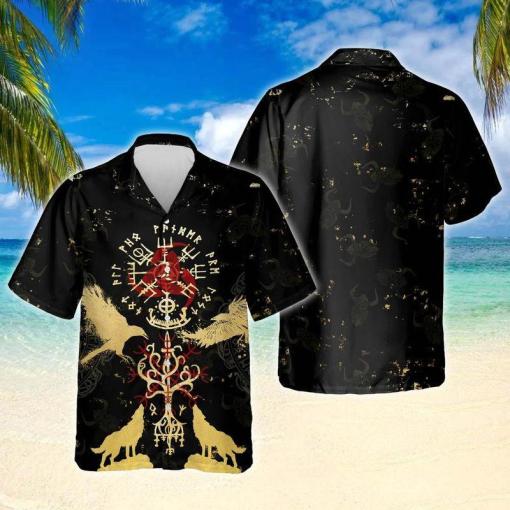 Viking Wolf And Raven Helm Of Awe Tree Of Life Hawaiian Shirt