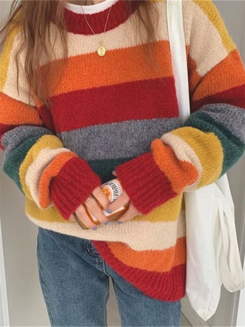 Sweater Pullover Autumn Winter Rainbow Stripe Sweater Cardigan Women’s Coat Loose Over The Lazy Student Chic Color Sweater Top alx