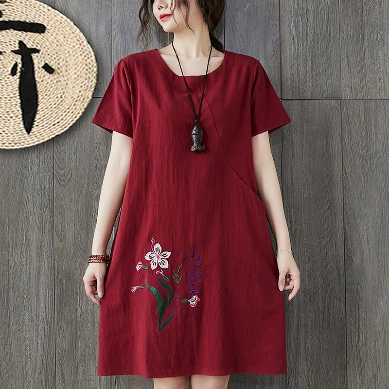 2022 New Arrival Loose Summer Dress Cotton Linen Embroidery Floral Vintage Office Lady Work Dress Women Casual Dress alx