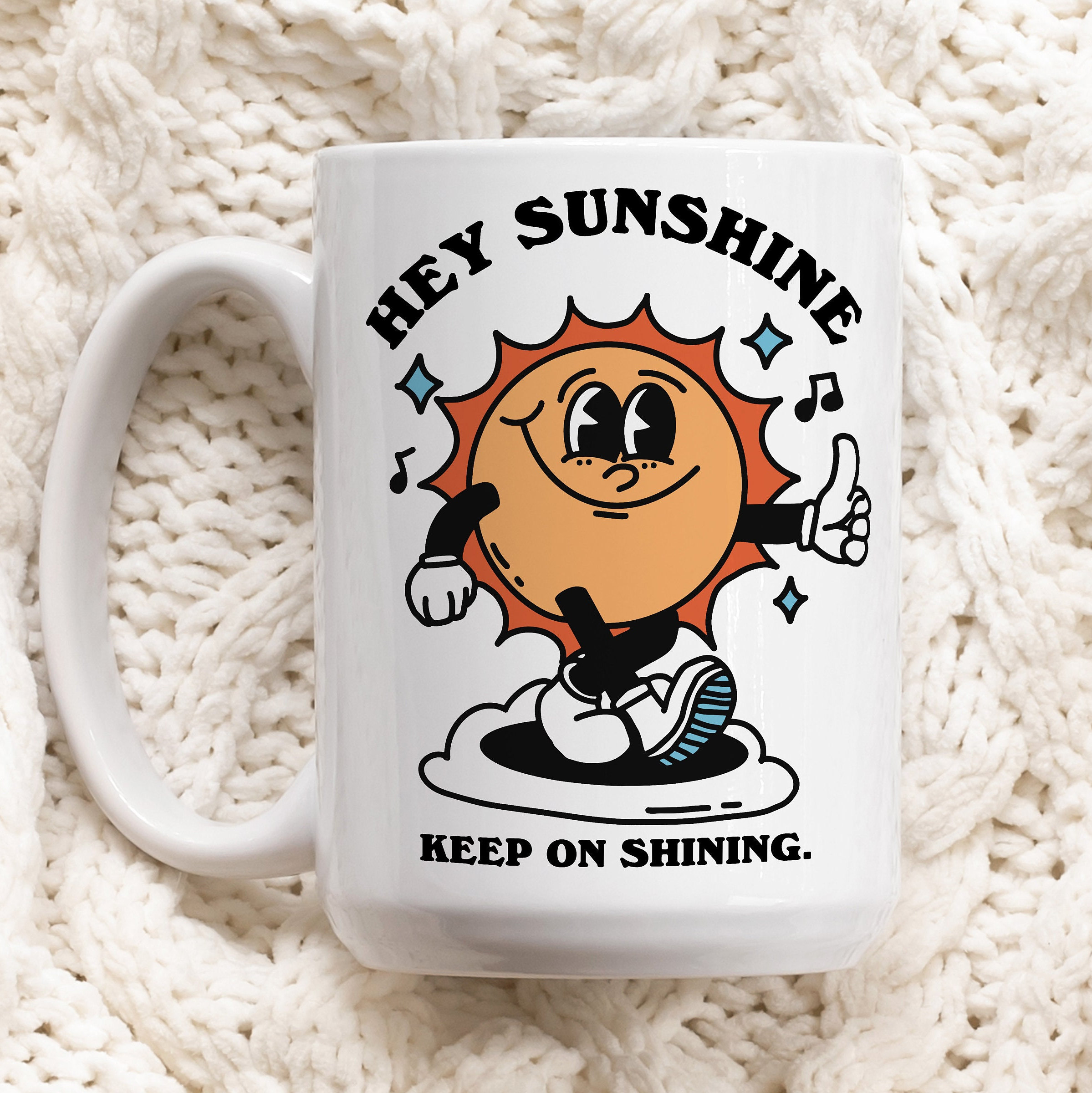 Retro Hey Sunshine Mug, Vintage Character Ceramic Cup, Positive Quote Mug, Friend Teacher Gift Idea, 70s 80s graphic Mug, Cute Novelty Gift