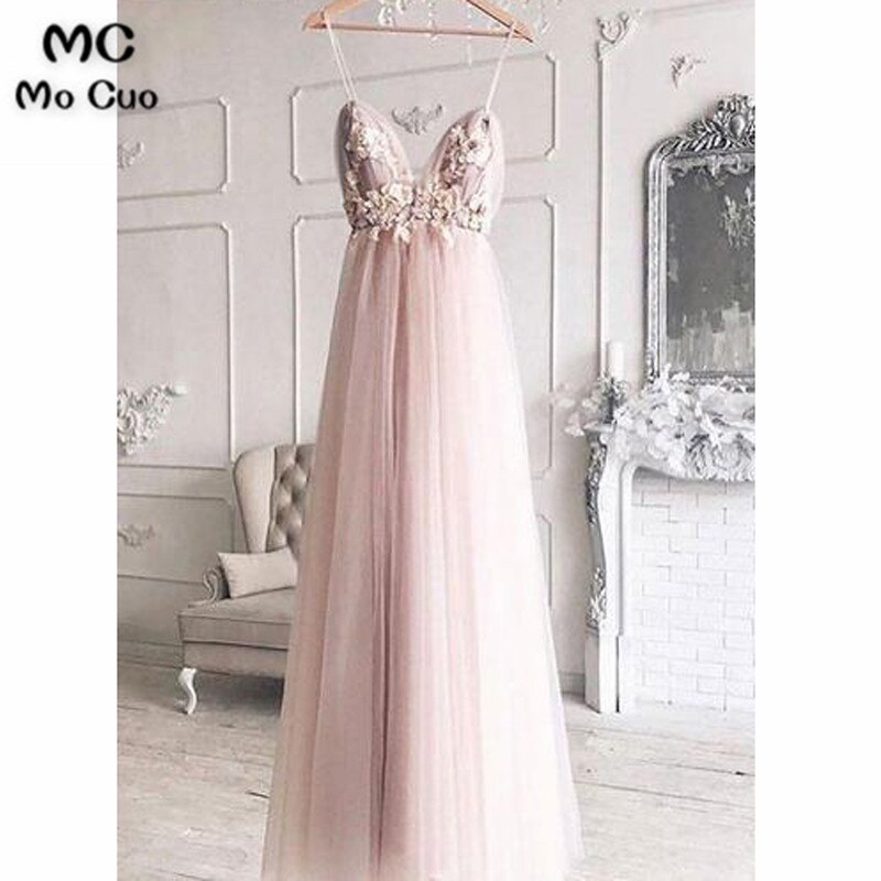 Sexy New Evening Dresses Long Deep V-Neck Spaghetti Straps Appliques Flowers Beaded Tulle Evening Dress for Women Custom Made alx