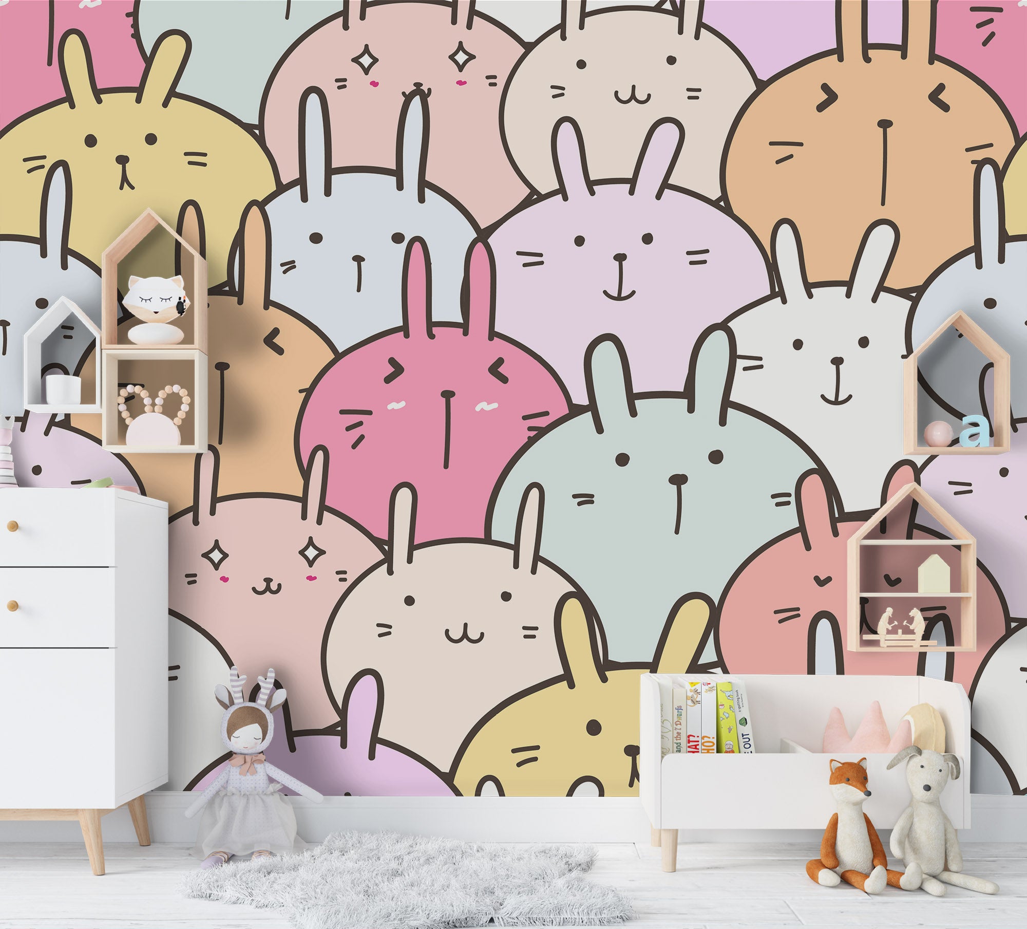 3D Watercolor Cartoon Rabbits Wall Mural Wallpaper 46