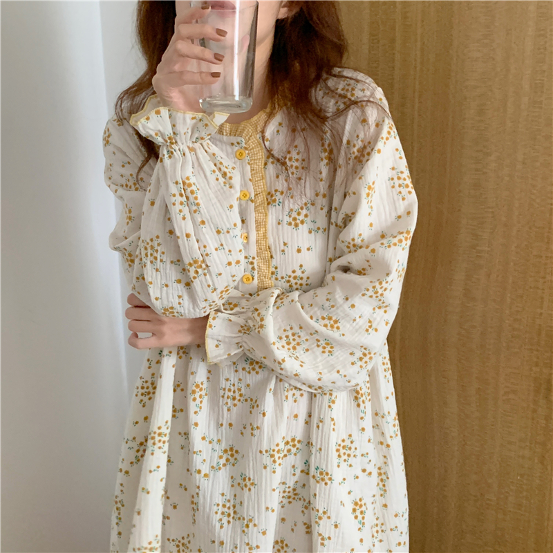 100% cotton gauze soft nightgown women sleep dress long sleeve loose floral print homewear ladies sleepdress autumn L518 alx