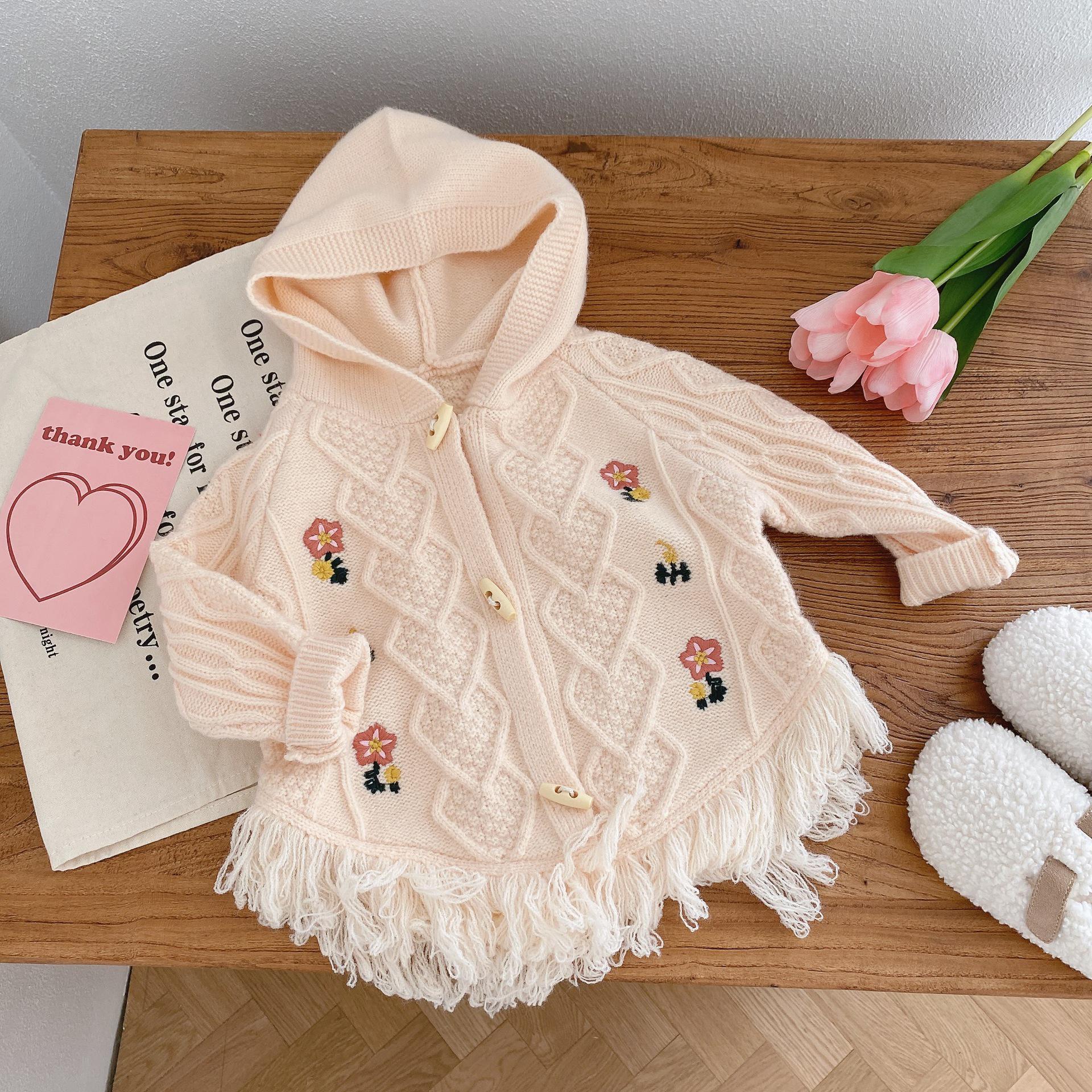 Winter Girl Baby Hooded Knitting Cardigan Tassel Sweater Children Fashion Embroidery Flower Long Sleeve Coat Kid Cotton Jacket alx