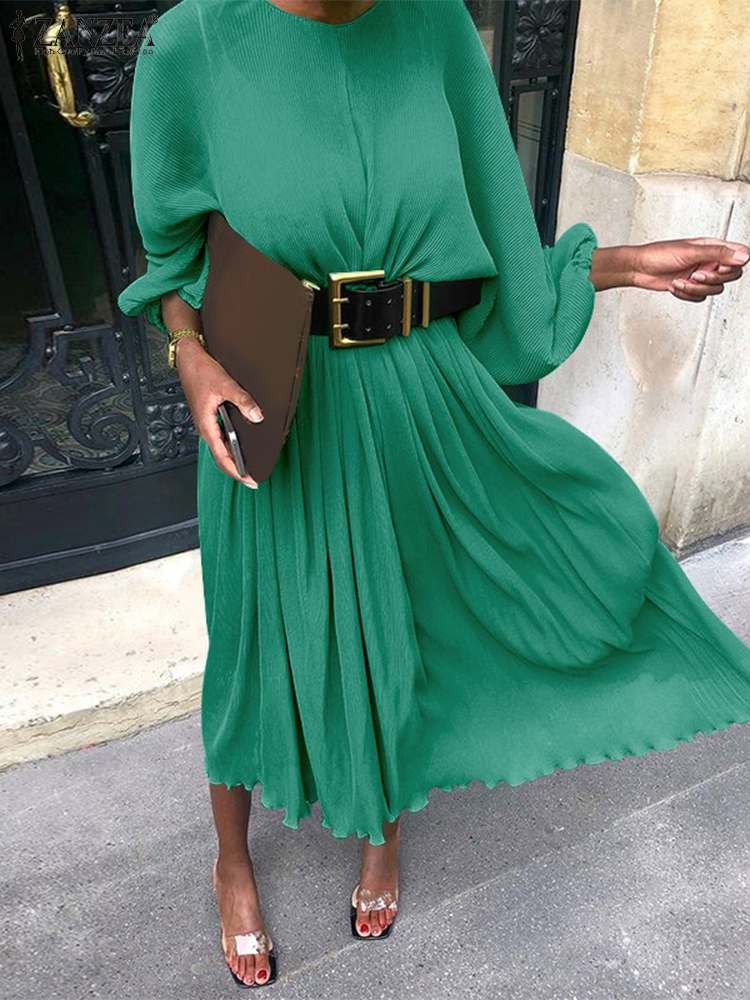 ZANZEA Fashion Solid Dress 2022 Spring O Neck Midi Robe Holiday Swing Pleated Vestidos Office Lady Party Casual Dresses Oversize alx