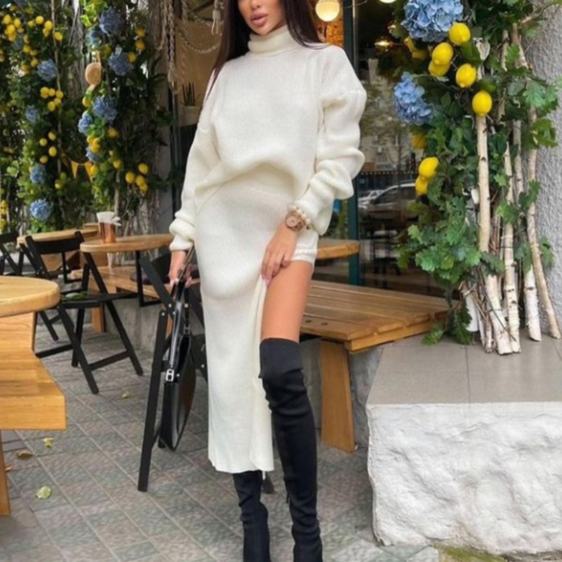 Winter Knitted Women Long Skirt Set Green Turtleneck Sweater High Waist Side Slit Sexy Skirt 2 Pieces Set Vintage Outfits alx