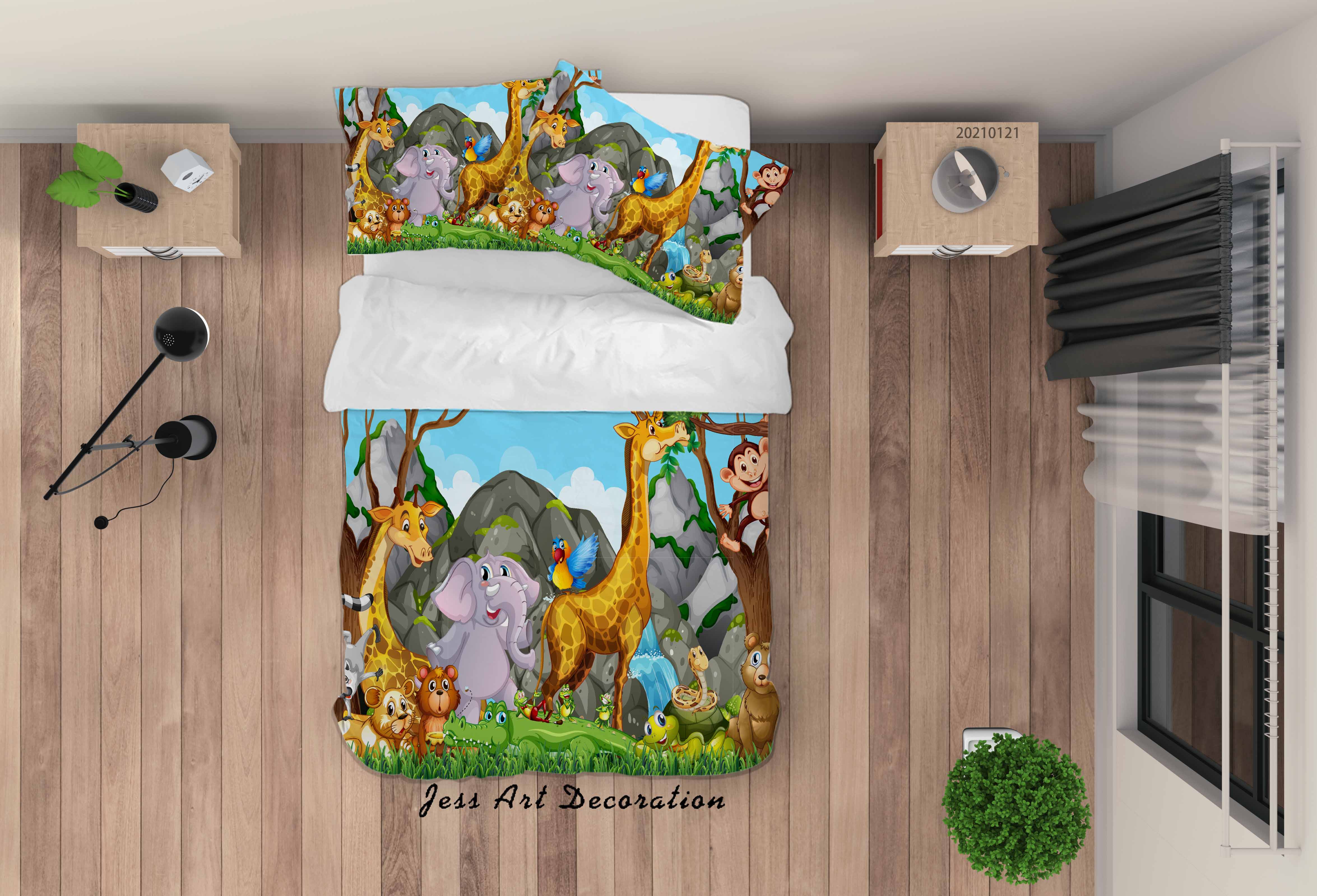 3D Hand Drawn Forest Animal Elephant Giraffe Quilt Cover Set Bedding Set Duvet Cover Pillowcases 94