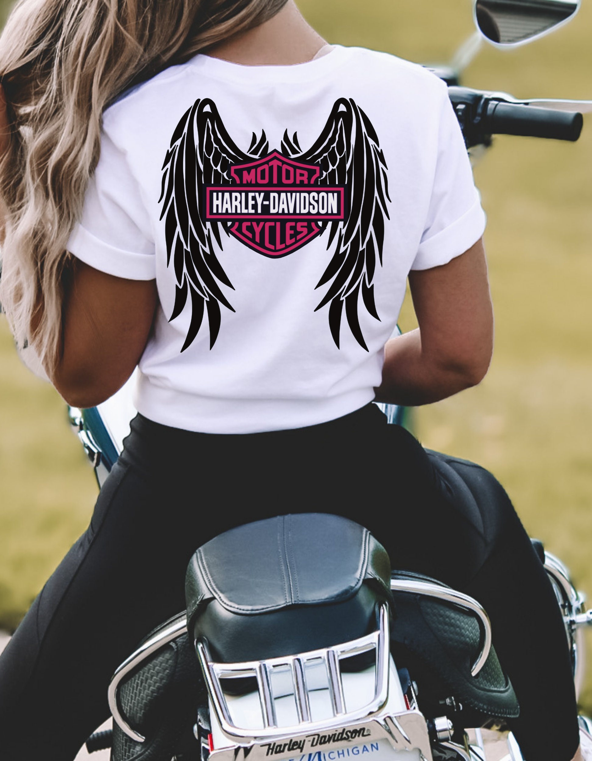 Harley Davidson Wings T Shirt, Women Biker Shirt, Pink Tattoo Black Wings Rider Tee, Gift For Her Shirt,  Women Personal Biker Shirt