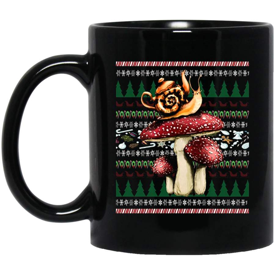 Ugly Christmas Style Mug With Snail & Mushrooms 11 oz 15 oz Black Mug