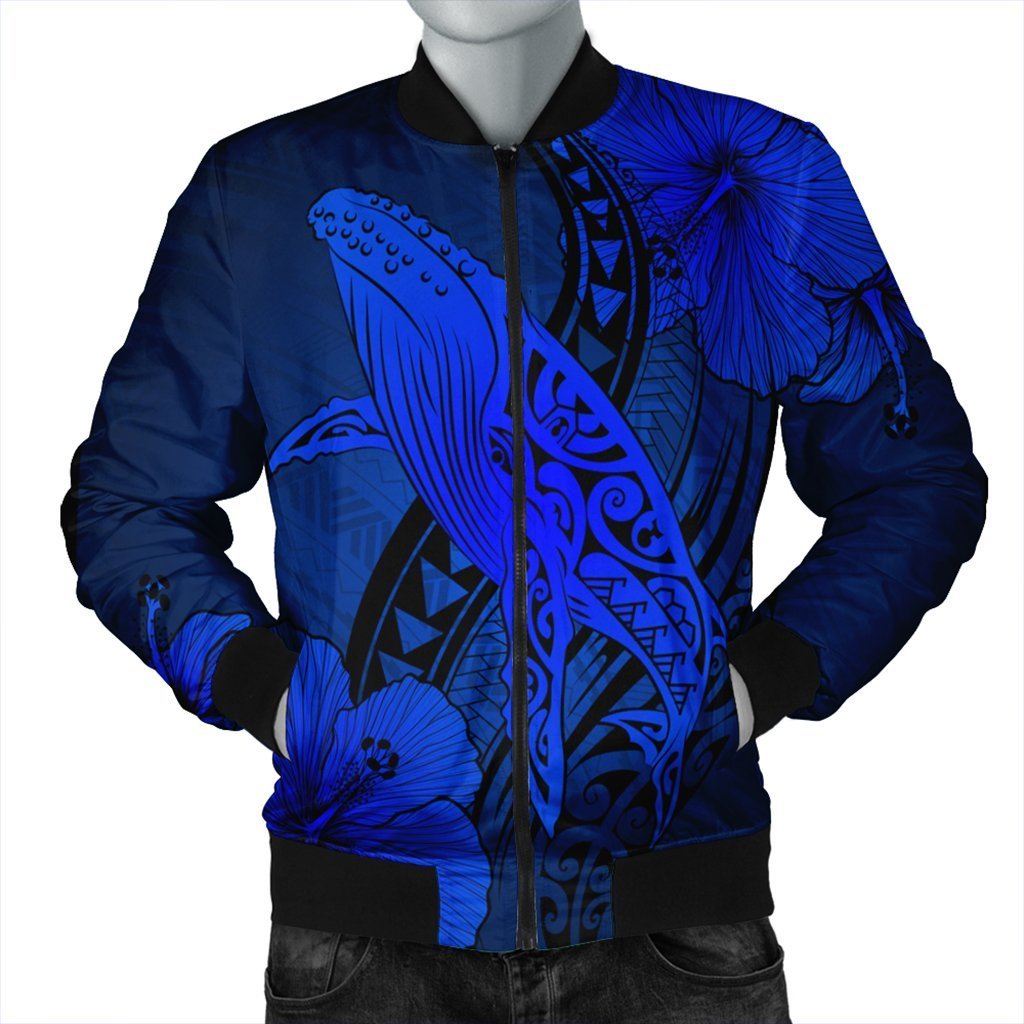 Hawaiian Map Whale Swim Hibiscus Polynesian Bomber Jacket – Blue