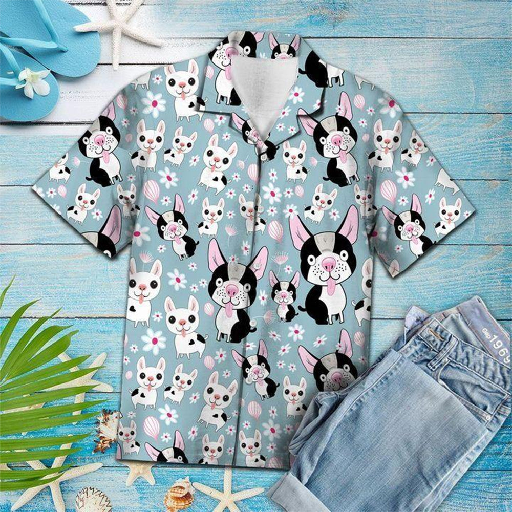 Seamless Cute Dog And Flowers Blue Hawaii Shirts Ha4127